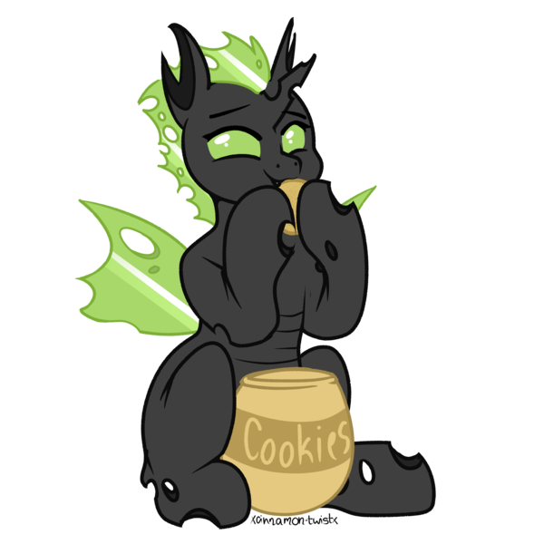 Size: 3000x3000 | Tagged: safe, artist:xcinnamon-twistx, derpibooru import, oc, oc:zaten, changeling, cookie, cute, cuteling, eating, food, green changeling, image, patreon, patreon reward, png, sitting