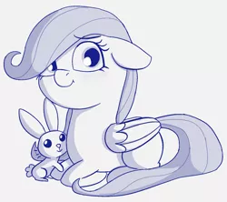 Size: 1384x1230 | Tagged: safe, artist:heretichesh, derpibooru import, angel bunny, fluttershy, pegasus, pony, rabbit, animal, cute, duo, female, filly, filly fluttershy, floppy ears, folded wings, image, looking at you, lying down, monochrome, png, ponyloaf, prone, shyabetes, simple background, sitting, sketch, smiling, three quarter view, white background, wings, younger, younger fluttershy