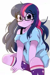 Size: 1291x1920 | Tagged: safe, artist:galaxynightt, derpibooru import, sci-twi, twilight sparkle, human, equestria girls, alternate hairstyle, arm between legs, blushing, clothes, cute, female, glasses, image, jpeg, looking at you, messy hair, multicolored hair, pajamas, purple eyes, purple skin, shiny skin, simple background, sitting, socks, solo, tomboy, twiabetes, watermark