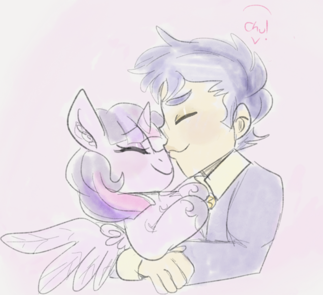 Size: 1020x931 | Tagged: safe, artist:mimiporcellini, derpibooru import, flash sentry, twilight sparkle, twilight sparkle (alicorn), alicorn, equestria girls, eyes closed, female, flashlight, human flash sentry x pony twilight, image, interspecies, kissing, male, nose kiss, png, shipping, straight