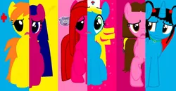 Size: 1024x532 | Tagged: safe, artist:wrightgirl11, derpibooru import, earth pony, pegasus, pony, unicorn, magical mystery cure, backpack, base used, dora the explorer, hat, image, jelly otter, jpeg, kai lan, milli, mouse (wrightgirl11), ni hao kai lan, nurse hat, open mouth, pb&j otter, what my cutie mark is telling me