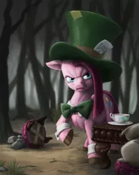 Size: 1720x2160 | Tagged: safe, artist:ponyhell, derpibooru import, madame le flour, pinkie pie, rocky, earth pony, pony, party of one, alice in wonderland, angry, bowtie, clothes, costume, cufflinks, cup, cutie mark, female, forest, forest background, hat, image, jpeg, mad hatter, mad hatter hat, parody, pinkamena diane pie, scowl, solo, straight mane, table, tea party, teacup, top hat, tree