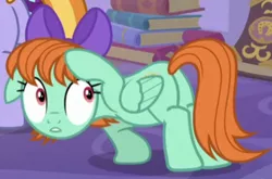 Size: 500x330 | Tagged: safe, derpibooru import, screencap, peppermint goldylinks, pegasus, pony, the ending of the end, bow, butt, cropped, female, friendship student, hair bow, image, mare, plot, png, solo