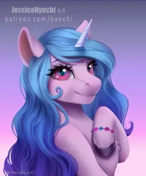 Size: 2500x3000 | Tagged: safe, artist:jessicanyuchi, derpibooru import, izzy moonbow, pony, unicorn, chest fluff, cute, female, g5, gradient background, high res, image, izzybetes, looking at you, mare, png, signature, smiling, solo, text, unshorn fetlocks