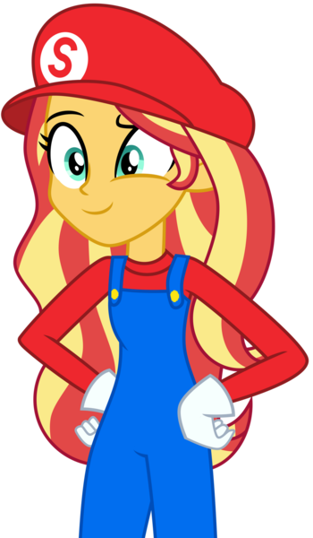 Size: 1024x1756 | Tagged: safe, artist:emeraldblast63, derpibooru import, sunset shimmer, equestria girls, cap, clothes, clothes swap, cosplay, costume, crossover, gloves, halloween, hat, holiday, image, mario, mario's hat, overalls, png, shirt, simple background, solo, super mario bros., transparent background, undershirt