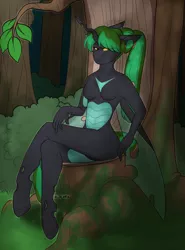 Size: 2000x2700 | Tagged: safe, artist:dreamy, artist:littledreamycat, derpibooru import, oc, oc:alenathys, unofficial characters only, anthro, changeling, changeling queen, changeling oc, commission, female, forest, image, png, solo, tree, tree stump