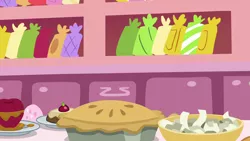 Size: 1280x720 | Tagged: safe, derpibooru import, screencap, the big mac question, background, food, image, kitchen, liminal space, no pony, pie, png, scenic ponyville, sugarcube corner, sugarcube corner (interior)