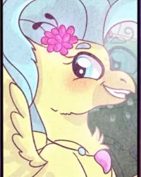 Size: 320x401 | Tagged: safe, alternate version, artist:miserisyt, artist:shootingstaryt, derpibooru import, princess skystar, classical hippogriff, hippogriff, my little pony: the movie, blushing, bust, female, flower, flower in hair, image, jewelry, jpeg, necklace, smiling, solo