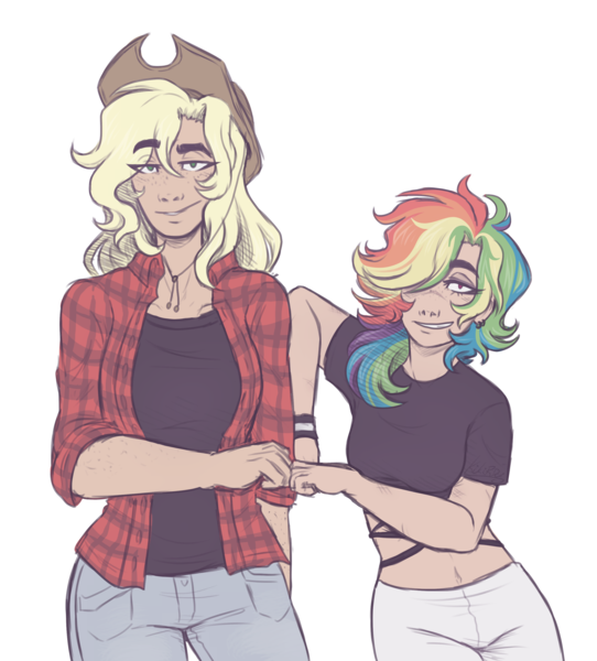Size: 2800x3100 | Tagged: safe, artist:kikirdcz, derpibooru import, applejack, rainbow dash, human, alternate hairstyle, appledash, applejack's hat, belly button, bracelet, breasts, clothes, cowboy hat, ear piercing, earring, eyeshadow, fanfic art, female, fist bump, flannel, freckles, grin, hat, height difference, high res, humanized, image, jeans, jewelry, lesbian, makeup, midriff, pants, piercing, png, raffle prize, shipping, shirt, simple background, smiling, t-shirt, tanktop, transparent background, wristband