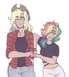 Size: 2800x3100 | Tagged: safe, artist:kikirdcz, derpibooru import, applejack, rainbow dash, human, alternate hairstyle, appledash, applejack's hat, belly button, bracelet, breasts, clothes, cowboy hat, ear piercing, earring, eyeshadow, fanfic art, female, fist bump, flannel, freckles, grin, hat, height difference, high res, humanized, image, jeans, jewelry, lesbian, makeup, midriff, pants, piercing, png, raffle prize, shipping, shirt, simple background, smiling, t-shirt, tanktop, transparent background, wristband