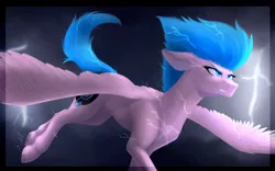 Size: 700x436 | Tagged: safe, artist:pheshka, derpibooru import, oc, oc:electric television, pegasus, pony, angry, electricity, flying, image, png, realistic horse legs, solo, spread wings, storm, wings