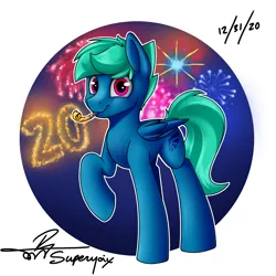 Size: 2000x2000 | Tagged: safe, artist:supermoix, derpibooru import, oc, oc:supermoix, pegasus, pony, birthday, fireworks, grin, happy, image, noisemaker, pink eyes, png, simple background, smiling, solo