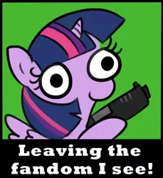 Size: 718x784 | Tagged: safe, artist:tjpones, derpibooru import, edit, twilight sparkle, twilight sparkle (alicorn), alicorn, pony, sparkles! the wonder horse!, female, green background, gun, handgun, hoof hold, image, leaving the fandom, mare, pistol, png, simple background, smiling, solo, spread wings, text, the ride never ends, weapon, wings