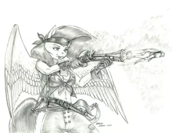 Size: 1400x1076 | Tagged: suggestive, artist:baron engel, derpibooru import, angel bunny, fluttershy, anthro, pegasus, pony, rabbit, animal, blunderbuss, breasts, busty fluttershy, erect nipples, female, front knot midriff, grayscale, gun, image, jpeg, male, mare, midriff, monochrome, nipple outline, pencil drawing, pirate, story in the source, story included, traditional art, weapon