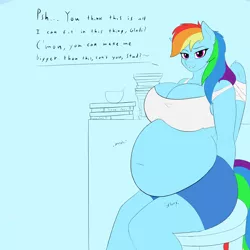 Size: 3000x3000 | Tagged: suggestive, alternate version, artist:astrum, derpibooru import, edit, part of a set, rainbow dash, anthro, pegasus, bandage, bandaged wing, bbw, bedroom eyes, belly, belly button, big belly, big breasts, bowl, breasts, busty rainbow dash, chubby, chubby dash, cleavage, clothes, dialogue, fat, feedee, female, fetish, food, huge belly, image, injured, injured wing, large butt, lidded eyes, looking at you, male, male pov, offscreen character, onomatopoeia, pants, pizza box, plates, png, pov, rainblob dash, sexy, shirt, shorts, sitting, smiling, solo, solo female, sports shorts, stomach noise, stool, straight, stuffed, stuffed belly, stupid sexy rainbow dash, talking to viewer, tanktop, teasing, thighs, thunder thighs, tight clothing, tubby wubby pony waifu, wardrobe malfunction, wings
