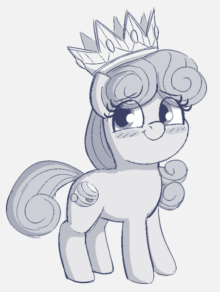 Size: 622x826 | Tagged: safe, artist:heretichesh, derpibooru import, oc, oc:callista, unofficial characters only, earth pony, pony, blushing, crown, cute, female, filly, gem, giant pony, gray background, grayscale, happy, image, jewelry, macro, monochrome, ocbetes, png, regalia, simple background