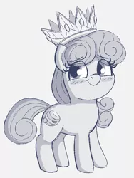 Size: 622x826 | Tagged: safe, artist:heretichesh, derpibooru import, oc, oc:callista, unofficial characters only, earth pony, pony, blushing, crown, cute, female, filly, gem, giant pony, gray background, grayscale, happy, image, jewelry, macro, monochrome, ocbetes, png, regalia, simple background