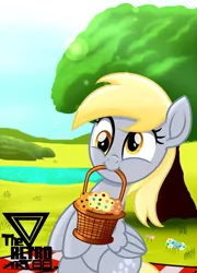 Size: 1300x1810 | Tagged: safe, artist:theretroart88, derpibooru import, derpy hooves, pegasus, pony, basket, derp, female, food, image, mouth hold, muffin, picnic, png, sitting, solo