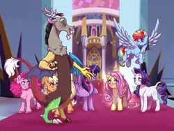 Size: 4000x3000 | Tagged: safe, artist:yami-sempai, derpibooru import, applejack, discord, fluttershy, pinkie pie, rainbow dash, rarity, twilight sparkle, twilight sparkle (alicorn), alicorn, draconequus, earth pony, pegasus, pony, unicorn, the beginning of the end, image, mane six, png, scene interpretation