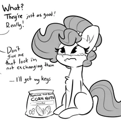 Size: 3000x3000 | Tagged: safe, artist:tjpones, derpibooru import, oc, oc:brownie bun, unofficial characters only, earth pony, pony, about to cry, black and white, corn nuts, cute, female, grayscale, image, mare, monochrome, ocbetes, offscreen character, png, pouting, sad, sadorable, simple background, sitting, solo, teary eyes, wavy mouth, white background