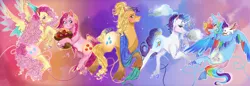 Size: 1908x655 | Tagged: safe, artist:bunnari, derpibooru import, angel bunny, applejack, fluttershy, pinkie pie, rainbow dash, rarity, earth pony, pegasus, pony, rabbit, unicorn, magical mystery cure, alternate hairstyle, animal, apple, basket, bipedal, blushing, clothes, eyeshadow, female, food, freckles, gritted teeth, hat, image, leg fluff, makeup, male, mane swap, mare, party hat, png, raised hoof, scarf, swapped cutie marks, unshorn fetlocks, what my cutie mark is telling me