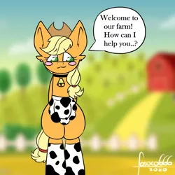 Size: 1950x1950 | Tagged: safe, artist:foxxo666, derpibooru import, applejack, earth pony, pony, apron, bell, bell collar, bipedal, blush sticker, blushing, clothes, collar, cowbell, cowprint, cute, dialogue, image, jpeg, maid
