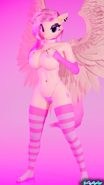 Size: 2160x3840 | Tagged: questionable, artist:whackysquire, derpibooru import, fluttershy, anthro, pegasus, plantigrade anthro, 3d, accessories, bedroom eyes, belly button, big breasts, breast grab, breasts, busty fluttershy, cameltoe, choker, cleavage, clothes, ear piercing, erect nipples, evening gloves, female, fingerless elbow gloves, fingerless gloves, gloves, grope, image, long gloves, looking at you, nipples, nudity, panties, partial nudity, piercing, png, raised wings, self grope, socks, solo, solo female, spread wings, stocking feet, stockings, striped socks, thigh highs, thigh socks, thong, topless, underwear, wings