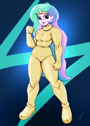 Size: 2500x3500 | Tagged: safe, artist:durdevul, derpibooru import, princess celestia, equestria girls, abstract background, alternate universe, bodysuit, clenched fist, clothes, commission, fake horn, female, fist, headband, high res, image, jpeg, principal celestia, raised fist, solo, superhero, superhero celestia