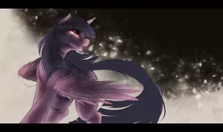 Size: 2200x1300 | Tagged: safe, artist:ventious, derpibooru import, twilight sparkle, alicorn, pony, abstract background, dutch angle, female, flowing tail, horn, image, jpeg, looking sideways, solo, spread wings, tail, wings, wip