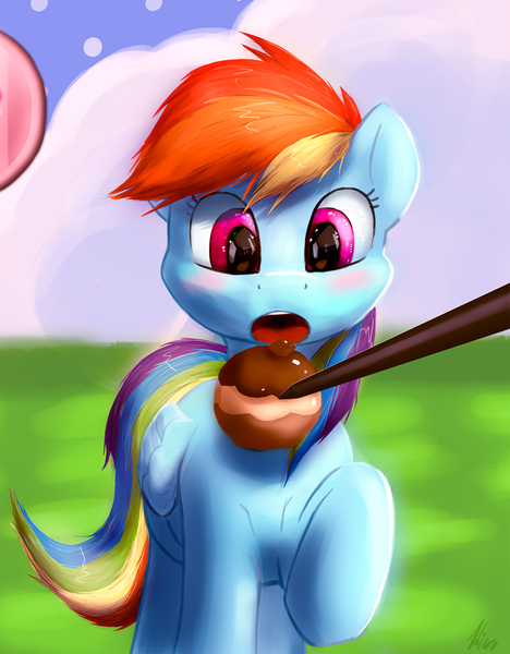 Size: 1170x1500 | Tagged: safe, artist:hieronymuswhite, derpibooru import, rainbow dash, apple, candy apple (food), caramel apple (food), cute, dashabetes, female, food, image, jpeg, pokepuff, pokémon, pokémon amie, pokémon x and y, solo, stylus