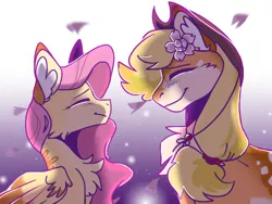 Size: 1024x768 | Tagged: safe, artist:paintedsnek, derpibooru import, applejack, fluttershy, earth pony, pegasus, pony, abstract background, blushing, bust, cheek fluff, chest fluff, colored ears, cowboy hat, duo, ear fluff, eyes closed, facing each other, female, flower, flower in hair, folded wings, friendshipping, hair tie, hat, image, mare, png, profile, smiling, twitterina design, wings