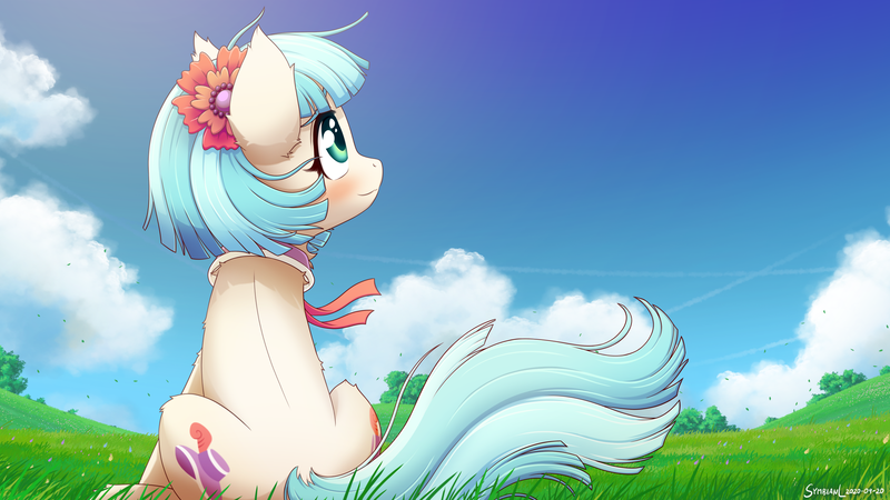 Size: 2560x1440 | Tagged: safe, alternate version, artist:symbianl, derpibooru import, edit, coco pommel, earth pony, pony, beautiful, blushing, both cutie marks, cocobetes, cute, female, flower, image, mare, meadow, png, scenery, sitting, sky, solo, wallpaper, wallpaper edit, wind, windswept mane, windswept tail