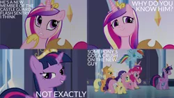 Size: 1986x1117 | Tagged: safe, derpibooru import, edit, edited screencap, editor:quoterific, screencap, applejack, fluttershy, pinkie pie, princess cadance, rainbow dash, rarity, twilight sparkle, twilight sparkle (alicorn), alicorn, earth pony, pegasus, pony, unicorn, equestria girls, equestria girls (movie), applejack's hat, big crown thingy, cowboy hat, crystal empire, element of magic, female, flying, hat, image, implied flashlight, implied shipping, implied straight, jewelry, mane six, open mouth, png, regalia, teeth, trio, trio female, walking