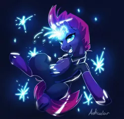 Size: 1397x1349 | Tagged: safe, artist:anticular, derpibooru import, tempest shadow, pony, unicorn, 2021, action pose, armor, broken horn, electricity magic, female, happy new year, holiday, horn, image, jpeg, looking at you, magic, mare, midair, open mouth, smiling, solo, sparkles