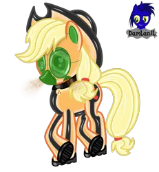 Size: 3840x4154 | Tagged: safe, artist:damlanil, derpibooru import, applejack, earth pony, pony, boots, clothes, collar, commission, cowboy hat, cutie mark collar, female, gas mask, hat, hazmat pony drone, heart, heart eyes, image, latex, looking at you, mare, mask, png, raised hoof, rubber, rubber drone, shiny, shiny mane, shoes, show accurate, simple background, solo, transformation, transparent background, vector, wingding eyes