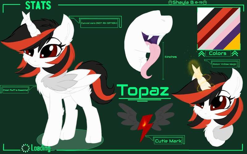 Size: 1131x707 | Tagged: safe, artist:wulfieshydev, derpibooru import, oc, unofficial characters only, alicorn, pony, alicorn oc, bust, chest fluff, ear fluff, fangs, female, glowing horn, horn, image, jpeg, mare, not blackjack, reference sheet, smiling, two toned wings, wings