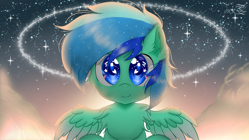 Size: 2000x1125 | Tagged: safe, artist:jadebreeze115, derpibooru import, oc, oc:jade breeze, unofficial characters only, pegasus, pony, beautiful, blue eyes, chest fluff, cloud, colored wings, cute, glimmer, gradient wings, halo, heart eyes, image, looking at you, png, shading, sitting, smiling, spread wings, starry eyes, starry night, sunset, wingding eyes, wings