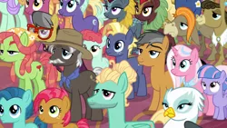 Size: 1920x1080 | Tagged: safe, derpibooru import, screencap, a.k. yearling, amber grain, babs seed, ballet jubilee, berry star, burnt oak, cinder glow, clear sky, cranky doodle donkey, daring do, fire flicker, gillian, golden crust, lilac swoop, matilda, midnight snack (character), night view, quibble pants, star tracker, summer flare, tree hugger, wind sprint, winter flame, zephyr breeze, donkey, earth pony, gryphon, kirin, pegasus, pony, unicorn, the last problem, clothes, dress, facial hair, friendship student, hat, image, male, moustache, png