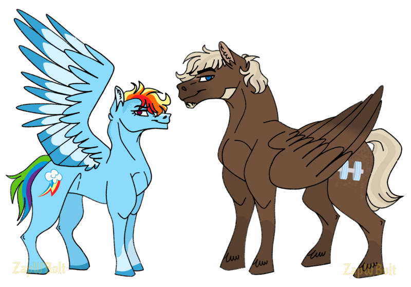 Size: 2388x1668 | Tagged: safe, artist:detoxx-retoxx, derpibooru import, dumbbell, rainbow dash, pegasus, pony, dumbdash, female, image, looking at you, male, mare, png, shipping, simple background, spread wings, stallion, story included, straight, transparent background, wings
