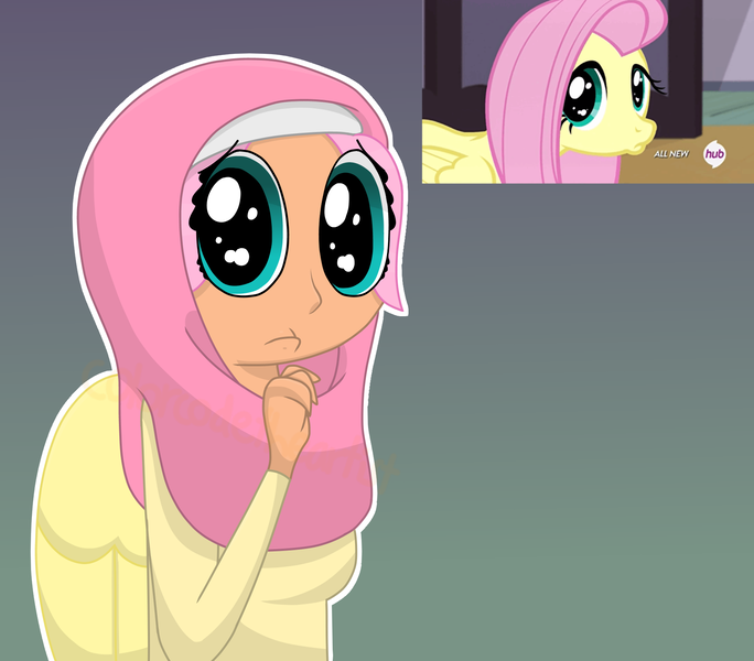 Size: 1750x1536 | Tagged: safe, artist:colorcodetheartist, derpibooru import, screencap, fluttershy, human, filli vanilli, big eyes, gradient background, humanized, image, islam, islamashy, png, pouting, pouty lips, religion, scene interpretation, screencap reference, solo, winged humanization, wings