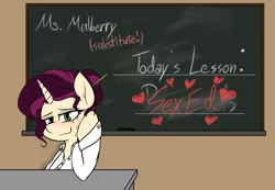Size: 2537x1755 | Tagged: suggestive, artist:pinkberry, derpibooru import, oc, oc:mulberry merlot, pony, unicorn, alternate hairstyle, blushing, chalkboard, clothes, female, freckles, heart, hoof on cheek, image, implied foalcon, leaning, mare, pencil, png, school, sex education, shirt, solo, substitute, tattoo, teacher, underage