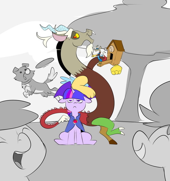 Size: 2010x2140 | Tagged: safe, artist:metal-kitty, derpibooru import, discord, twilight sparkle, winona, dog, draconequus, pony, unicorn, alternate universe, archmage, black and white, cloak, clock, clothes, cuckoo clock, discord being discord, female, fetch, frisbee, grayscale, height difference, image, male, mare, monochrome, png, time stop, tree, twilight is not amused, unamused, unicorn twilight, wizard