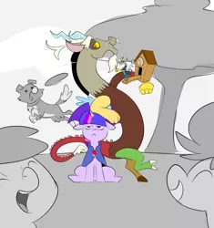 Size: 2010x2140 | Tagged: safe, artist:metal-kitty, derpibooru import, discord, twilight sparkle, winona, dog, draconequus, pony, unicorn, alternate universe, archmage, black and white, cloak, clock, clothes, cuckoo clock, discord being discord, female, fetch, frisbee, grayscale, height difference, image, male, mare, monochrome, png, time stop, tree, twilight is not amused, unamused, unicorn twilight, wizard