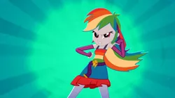 Size: 1920x1080 | Tagged: safe, derpibooru import, screencap, rainbow dash, eqg summertime shorts, equestria girls, raise this roof, boots, breakdancing, clothes, dancing, dress, fall formal, fall formal outfits, female, image, looking at you, multicolored hair, outfit, png, rainbow hair, shoes, sleeveless
