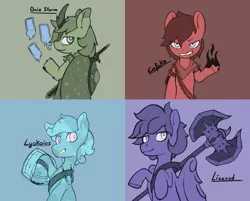 Size: 3252x2618 | Tagged: safe, artist:wild-thunder06, derpibooru import, oc, oc:enfoke, oc:lienrod, oc:lyakaios, oc:onix-storm, crystal pony, earth pony, kirin, pegasus, pony, crystal pony oc, earth pony oc, image, kirin oc, pegasus oc, png, roleplay, roleplaying, roleplaying is magic, weapon, wings