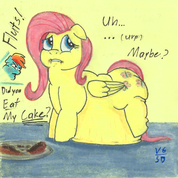 Size: 900x900 | Tagged: suggestive, artist:white-eyed vireo, derpibooru import, fluttershy, rainbow dash, pegasus, pony, belly, belly bed, belly on floor, big belly, bingo wings, cake, chubby cheeks, derpibooru exclusive, dialogue, fat, fattershy, female, floppy ears, food, huge belly, image, impossibly large belly, large belly, mare, png, rolls of fat, stretchmarks, traditional art