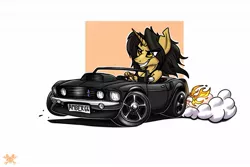 Size: 1280x853 | Tagged: suggestive, artist:thedrunkcoyote, derpibooru import, oc, oc:amber steel, unofficial characters only, anthro, unicorn, 2018, big breasts, breasts, burnout, car, chibi, clothes, digital art, driving, female, fire, ford, ford mustang, horn, image, jpeg, shirt, smiling, smoke, solo, solo female, vehicle
