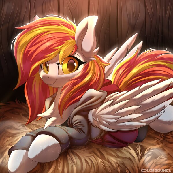 Size: 2500x2500 | Tagged: safe, artist:ask-colorsound, derpibooru import, oc, oc:diamond sun, pegasus, pony, barn, clothes, commission, female, fluffy, hay, image, jpeg, looking at you, lying down, mare, solo, ych result