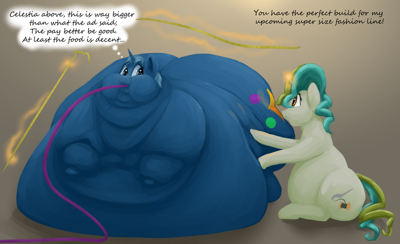 Size: 2849x1738 | Tagged: questionable, artist:lupin quill, derpibooru import, oc, oc:extravaganza, oc:starblind, unofficial characters only, pony, unicorn, belly, belly bed, belly grab, bhm, big belly, bingo wings, blob, butt, chubby, chubby cheeks, dialogue, fat, fat fetish, feeder, feeding tube, fetish, flabby chest, force feeding, horn, huge belly, huge butt, image, immobile, impossibly large belly, impossibly large butt, impossibly obese, large butt, lineless, magic, measuring tape, morbidly obese, multichin, obese, plot, png, rolls of fat, simple background, sitting, telekinesis, thought bubble, unicorn oc