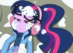 Size: 2808x2045 | Tagged: safe, derpibooru import, screencap, sci-twi, twilight sparkle, equestria girls, equestria girls series, holidays unwrapped, spoiler:eqg series (season 2), blizzard or bust, buttons, canterlot high, clothes, coat, concrete, cropped, cute, earmuffs, female, glasses, image, jacket, jpeg, lidded eyes, long sleeves, outdoors, ponytail, scarf, shirt, snow, solo, twiabetes, undershirt, walkway